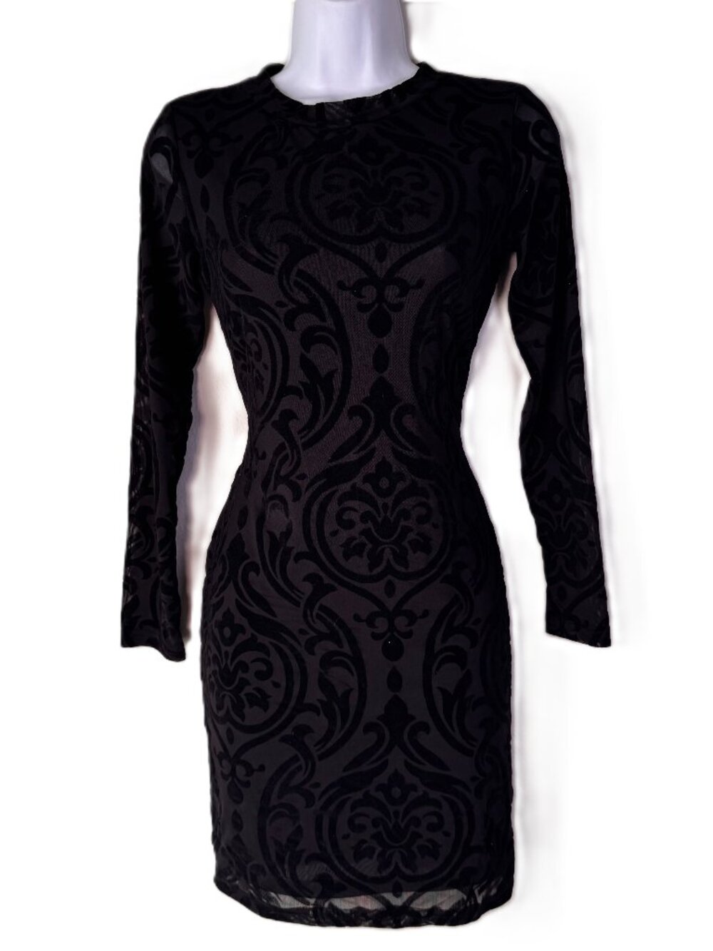 Black Mesh & Velvet Burnout Bodycon Mini Dress Long Sleeve Crew Neck Open Back S